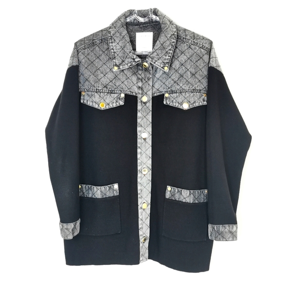 Sandro Jackets & Blazers - Sandro Paris Coat Size 0 XS Viscose Denim combo Jean Jacket Black Grey Gold Trim